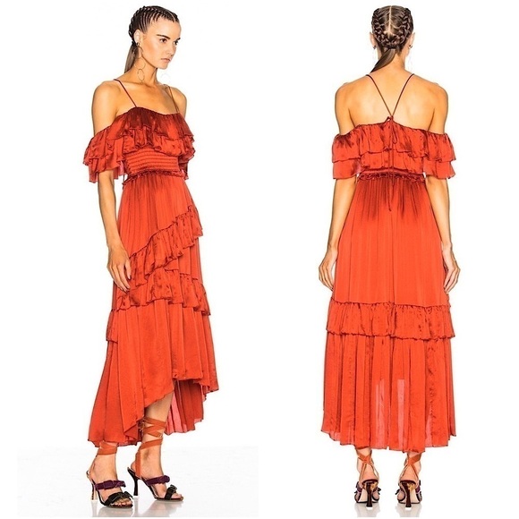 ULLA JOHNSON 70s Silk Tiered Ruffle Smocked Off Shoulder Sleeveless Maxi Gown 0 - Picture 2 of 12